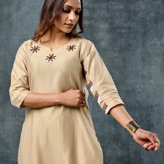 Pure Chanderi Hand Embroidered Phulkari Kurti Pant - Hazelnut + Artisanal + Punjab + Tradition + Women + MakeInIndia + Handicraft + Panjab + Rang + Colours + Girl Clothing + Fulkari + Threads + Colours + Colors + Embroidery + Handwork + Artisan + Stylish + Brown + Fawn + Ethnic + comfort + Casual wear + kitty wear + marriage + NRI