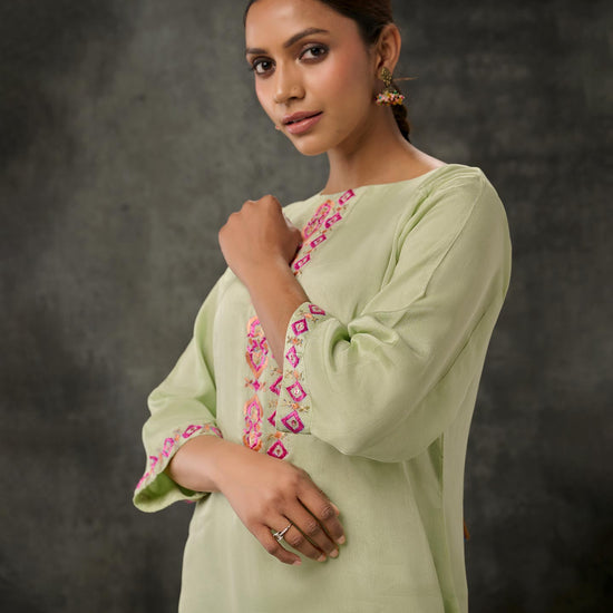 Pure Chinon Hand Embroidered Phulkari Kurti - Pastel Green + Artisanal + Punjab + Tradition + Women + MakeInIndia + Handicraft + Panjab + Rang + Colours + Girl Clothing + Fulkari + Threads + Colours + Colors + Embroidery + Handwork + Artisan