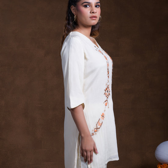 Pure Chinon Silk Hand Embroidered Phulkari top bottom coord set tunic kurti combination set- ivory gold beige cream Colours + Artisanal + Punjab + Tradition + Women + MakeInIndia + Handicraft + trend + festival wear + comfort wear + smart wear + trendy wear + indian ethnic + cultural wear + rakhi + diwali + ganesh cahturthi + friends wear + date wear + casual wear + indian wear + western wear + trendy attire + fashion + stylish + dinner + luxury + premium + royal + signature + clasic + best + top + luxury