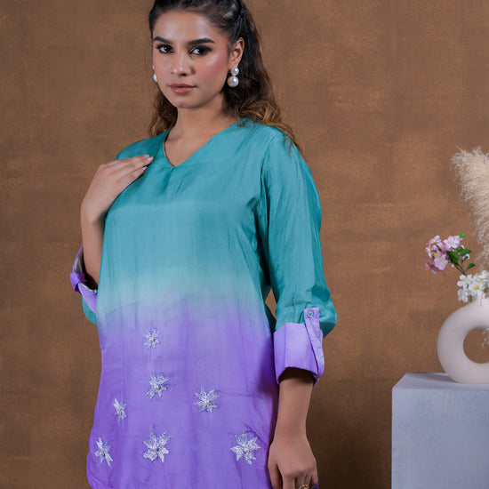 Pure Habutai Silk Hand Embroidered Phulkari Coord Set - Purple green turquoise ombre Colours + Artisanal + Punjab + Tradition + Women + MakeInIndia + Handicraft + trend + festival wear + comfort wear + smart wear + trendy wear + indian ethnic + cultural wear + rakhi + diwali + ganesh cahturthi + friends wear + date wear + casual wear + indian wear + western wear + trendy attire + fashion + stylish + dinner + luxury + premium + royal + floral + signature + unique