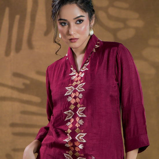 ure Dola Silk Hand Embroidered Phulkari top bottom coord set tunic kurti combination set- red maroon burgandy Colours + Artisanal + Punjab + Tradition + Women + MakeInIndia + Handicraft + trend + festival wear + comfort wear + smart wear + trendy wear + indian ethnic + cultural wear + rakhi + diwali + ganesh cahturthi + friends wear + date wear + casual wear + indian wear + western wear + trendy attire + fashion + stylish + dinner + luxury + premium + royal + signature + clasic + elegant + best + modern