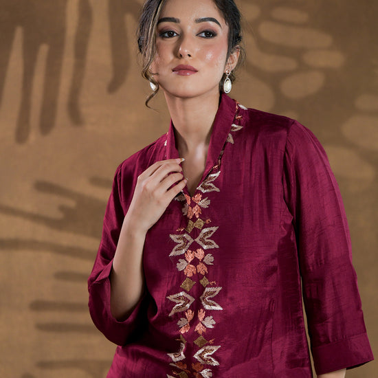 Pure Dola Silk Hand Embroidered Phulkari top bottom coord set tunic kurti combination set- red maroon burgandy Colours + Artisanal + Punjab + Tradition + Women + MakeInIndia + Handicraft + trend + festival wear + comfort wear + smart wear + trendy wear + indian ethnic + cultural wear + rakhi + diwali + ganesh cahturthi + friends wear + date wear + casual wear + indian wear + western wear + trendy attire + fashion + stylish + dinner + luxury + premium + royal + signature + clasic + elegant + best + modern