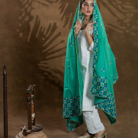 Pure Chanderi Silk Hand Embroidered Phulkari Dupatta - Gracious green+  multicolor + royal + antique + Artisanal + Punjab + Tradition + Women + MakeInIndia + Handicraft + Panjab + Rang + Colours + Girl Clothing + Fulkari + Threads + Colours + Colors + Embroidery + Handwork + Artisan + Stylish + Royalty + Royal + Decoration + Decor+ Heritage Punjab + NRI + shagan + sangeet + wedding + vyah + engagement + party + best + top + premium + import + export + shahi + gift + unique + light + heavy + rural + patiala
