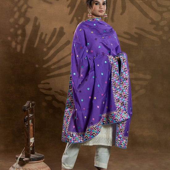 Pure Chanderi Silk Hand Embroidered Phulkari Dupatta - Luxury Purple +  multicolor + royal + antique + Artisanal + Punjab + Tradition + Women + MakeInIndia + Handicraft + Panjab + Rang + Colours + Girl Clothing + Fulkari + Threads + Colours + Colors + Embroidery + Handwork + Artisan + Stylish + Royalty + Royal + Decoration + Decor+ Heritage Punjab + NRI + shagan + sangeet + wedding + vyah + engagement + party + best + top + premium + import + export + shahi + gift + unique + light + heavy + rural + patiala