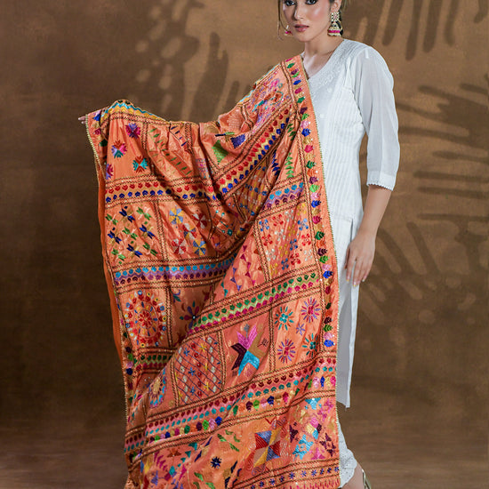 Pure Silk Hand Embroidered Phulkari Dupatta - 52 bavan bawan bagh+  multicolor + royal + antique + Artisanal + Punjab + Tradition + Women + MakeInIndia + Handicraft + Panjab + Rang + Colours + Girl Clothing + Fulkari + Threads + Colours + Colors + Embroidery + Handwork + Artisan + Stylish + Royalty + Royal + Decoration + Decor+ Heritage Punjab + NRI + shagan + sangeet + wedding + vyah + engagement + party + best + top + premium + import + export + shahi + gift + unique + bride+ heavy + rural + patiala