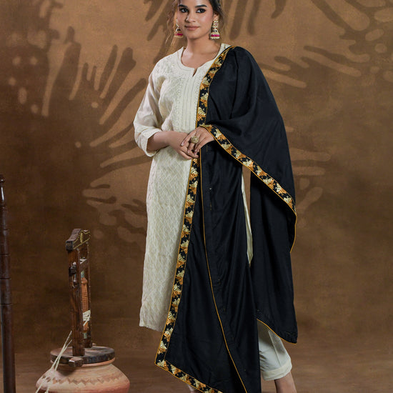 Pure Chanderi Silk Hand Embroidered Phulkari Dupatta Stole - Royal Black +  multicolor + royal + antique + Artisanal + Punjab + Tradition + Women + MakeInIndia + Handicraft + Panjab + Rang + Colours + Girl Clothing + Fulkari + Threads + Colours + Colors + Embroidery + Handwork + Artisan + Stylish + Royalty + Royal + Decoration + Decor+ Heritage Punjab + NRI + shagan + sangeet + wedding + vyah + engagement + party + best + top + premium + import + export + gift + unique + light + heavy + rural + patiala