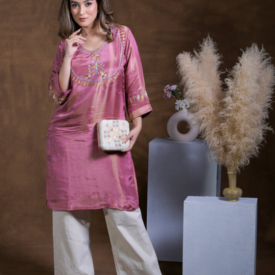 Pure Tissue Silk Hand Embroidered Phulkari Kurti - Rose Gold Pink Colours + Artisanal + Punjab + Tradition + Women + MakeInIndia + Handicraft + trend + festival wear + comfort wear + smart wear + trendy wear + indian ethnic + cultural wear + rakhi + diwali + ganesh cahturthi + friends wear + date wear + casual wear + indian wear + western wear + trendy attire + fashion + stylish + dinner + luxury + premium + royal + floral