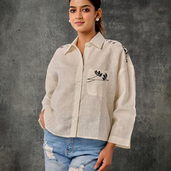 Pure Linen Hand Embroidered Phulkari Shirt - Pearl White Monochrome + Artisanal + Punjab + Tradition + Women + MakeInIndia + Handicraft + Flower + comofrt wear + linen luxury + office wear