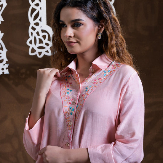 Pure Muslin Silk Hand Embroidered Phulkari Shirt - Peach Pink Colours + Artisanal + Punjab + Tradition + Women + MakeInIndia + Handicraft + Blue red Motif + trend + festival wear + comfort wear + smart wear + trendy wear + indian ethnic + cultural wear + rakhi + diwali + ganesh cahturthi + friends wear + date wear + casual wear + indian wear + western wear + trendy attire + fashion + stylish + dinner + luxury + premium + royal