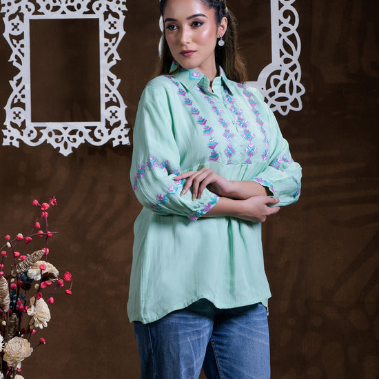 Pure organza Hand Embroidered Phulkari Shirt - aqua green pink blue ocean Colours + Artisanal + Punjab + Tradition + Women + MakeInIndia + Handicraft + Blue red Motif + trend + festival wear + comfort wear + smart wear + trendy wear + indian ethnic + cultural wear + rakhi + diwali + ganesh cahturthi + friends wear + date wear + casual wear + indian wear + western wear + trendy attire + fashion + stylish + dinner + luxury + premium + royal + women artisan + women startup + best fabric + rural upliftment