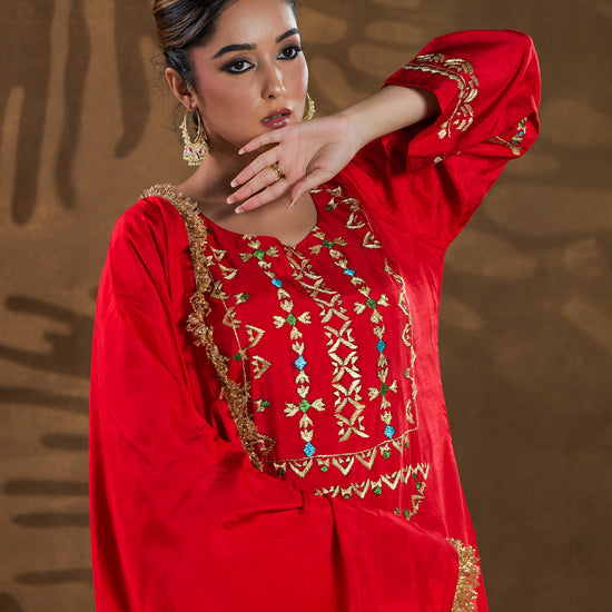 Pure Silk Hand Embroidered Phulkari top bottom suit set tunic kurti pant combination set- heritage red Colours + Artisanal + Punjab + Tradition + Women + MakeInIndia + Handicraft + trend + festival wear + comfort wear + smart wear + trendy wear + indian ethnic + cultural wear + rakhi + diwali + ganesh cahturthi + friends wear + date wear + casual wear + indian wear + western wear + trendy attire + fashion + stylish + dinner + luxury + premium + royal + signature + clasic + prettiest + top + dupatta + shagan