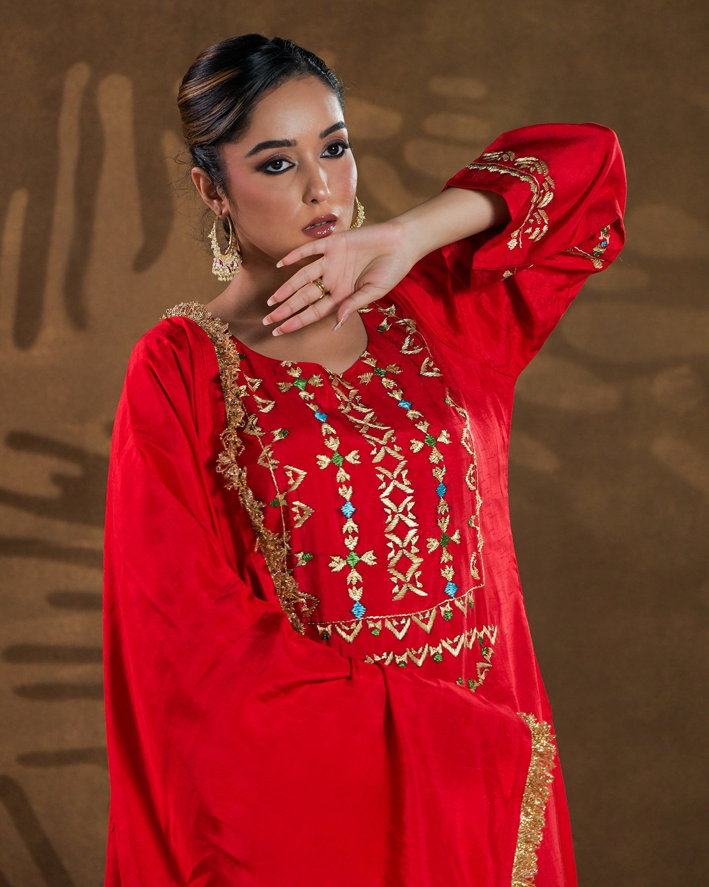 Pure Silk Hand Embroidered Phulkari top bottom suit set tunic kurti pant combination set- heritage red Colours + Artisanal + Punjab + Tradition + Women + MakeInIndia + Handicraft + trend + festival wear + comfort wear + smart wear + trendy wear + indian ethnic + cultural wear + rakhi + diwali + ganesh cahturthi + friends wear + date wear + casual wear + indian wear + western wear + trendy attire + fashion + stylish + dinner + luxury + premium + royal + signature + clasic + prettiest + top + dupatta + shagan