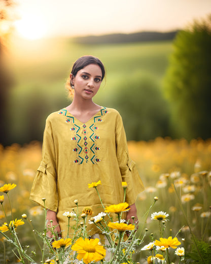 Pure Silk Hand Work Phulkari Top - Sunflower Yellow Bloom