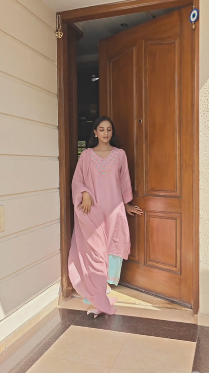 Hand Work Phulkari Suit with Dupatta and Palazo - Blushberry Pink