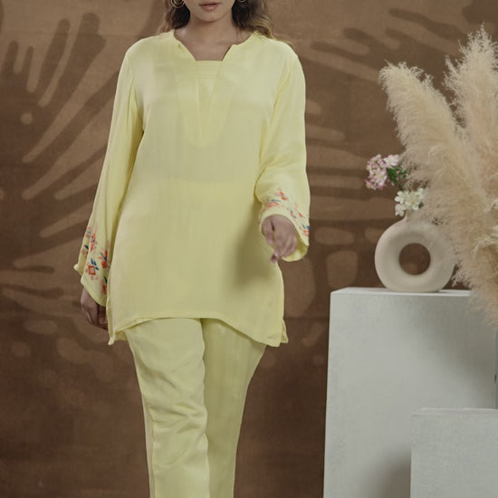 Pure Chinon Silk Hand Embroidered Phulkari top bottom coord set tunic kurti combination set- Lime yellow Colours + Artisanal + Punjab + Tradition + Women + MakeInIndia + Handicraft + trend + festival wear + comfort wear + smart wear + trendy wear + indian ethnic + cultural wear + rakhi + diwali + ganesh cahturthi + friends wear + date wear + casual wear + indian wear + western wear + trendy attire + fashion + stylish + dinner + luxury + premium + royal + signature + clasic