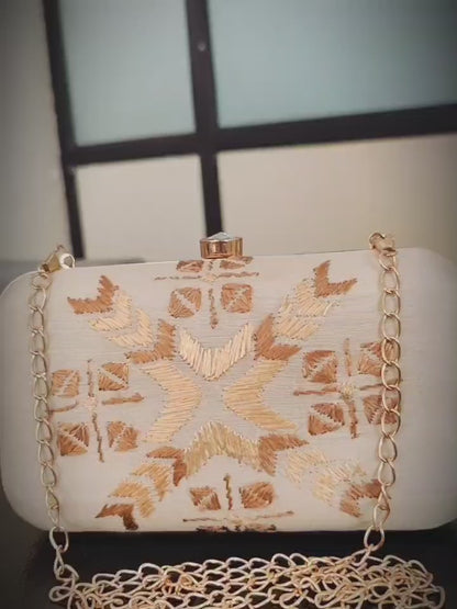 Hand Work Phulkari Clutch - Beige Golden - Rectangle