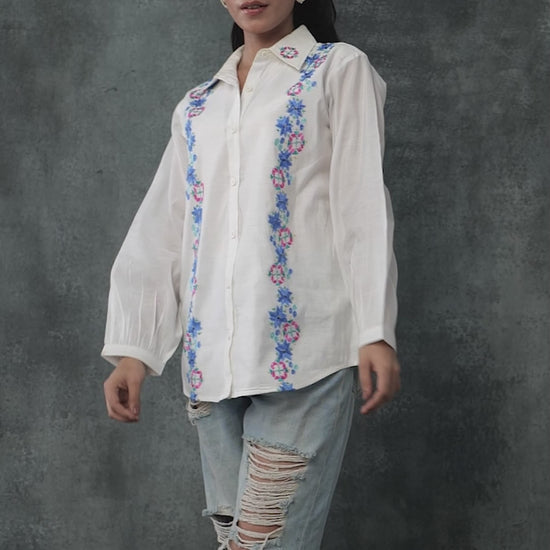 Pure Chanderi Hand Embroidered Phulkari Shirt - Ivory White Colours + Artisanal + Punjab + Tradition + Women + MakeInIndia + Handicraft + Blue Pink Green Motif + smart fit + casual wear + office wear + comfort fit