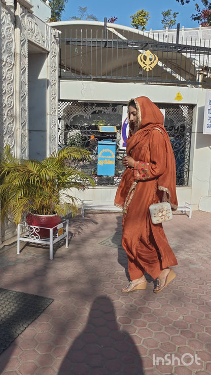 Pure Cotton Silk Hand Embroidered Phulkari Suit with Dupatta and Salwar - Rust Brown Copper Empress