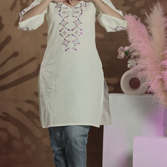 Pure Cotton Linen Hand Embroidered Phulkari top tunic kurti combination set- white bright off white Colours + Artisanal + Punjab + Tradition + Women + MakeInIndia + Handicraft + trend + festival wear + comfort wear + smart wear + trendy wear + indian ethnic + cultural wear + rakhi + diwali + ganesh cahturthi + friends wear + date wear + casual wear + indian wear + western wear + trendy attire + fashion + stylish + dinner + luxury + premium + royal + signature + clasic + best + top + rated + standout