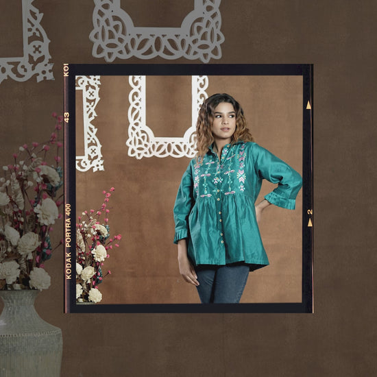 Pure Chanderi Silk Hand Embroidered Phulkari Shirt - Teal Blue Colours + Artisanal + Punjab + Tradition + Women + MakeInIndia + Handicraft + Blue red Motif + trend + festival wear + comfort wear + smart wear + trendy wear + indian ethnic + cultural wear + rakhi + diwali + ganesh cahturthi + friends wear + date wear + casual wear + indian wear + western wear + trendy attire + fashion + stylish + dinner
