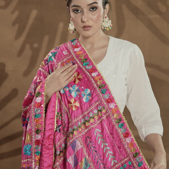 Pure Silk Hand Embroidered Phulkari Dupatta - 52 bavan bawan bagh+  multicolor + royal + antique + Artisanal + Punjab + Tradition + Women + MakeInIndia + Handicraft + Panjab + Rang + Colours + Girl Clothing + Fulkari + Threads + Colours + Colors + Embroidery + Handwork + Artisan + Stylish + Royalty + Royal + Decoration + Decor+ Heritage Punjab + NRI + shagan + sangeet + wedding + vyah + engagement + party + best + top + premium + import + export + shahi + gift + unique + bride+ heavy + rural + patiala