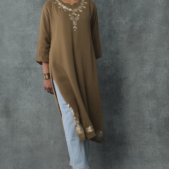 Pure Georgette Hand Embroidered Phulkari Kurti - Khaki Brown + Artisanal + Punjab + Tradition + Women + MakeInIndia + Handicraft + comfort wear + casual wear + flowy fabric