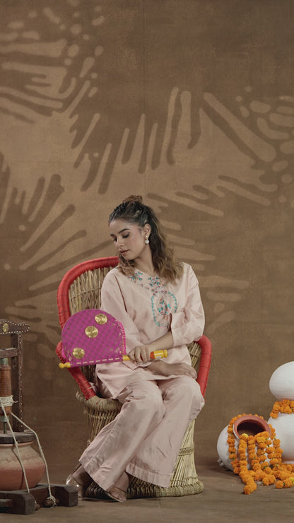 Pure Dola Silk Hand Embroidered Phulkari top bottom coord set tunic kurti combination set- soft pink Colours + Artisanal + Punjab + Tradition + Women + MakeInIndia + Handicraft + trend + festival wear + comfort wear + smart wear + trendy wear + indian ethnic + cultural wear + rakhi + diwali + ganesh cahturthi + friends wear + date wear + casual wear + indian wear + western wear + trendy attire + fashion + stylish + dinner + luxury + premium + royal + signature + clasic