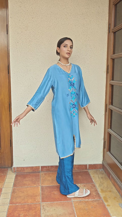 Pure Muslin Hand Work Phulkari Coord Set - Baby Blue