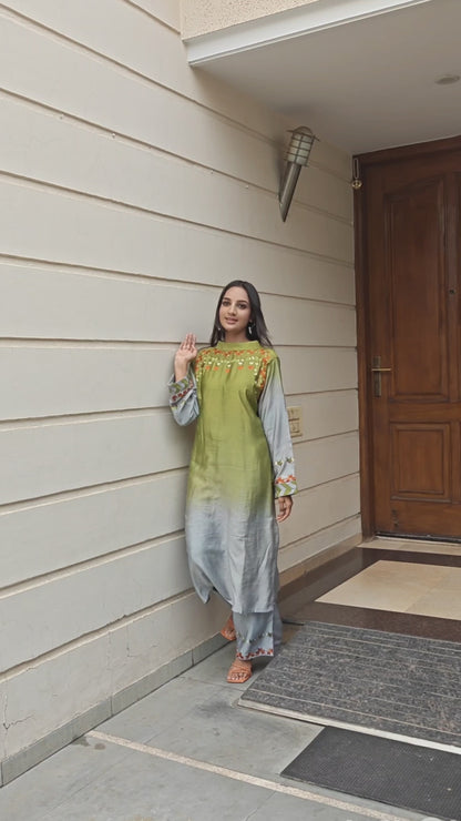 Pure Muslin Hand Work Phulkari Kurti Pant Set - Shaded affair