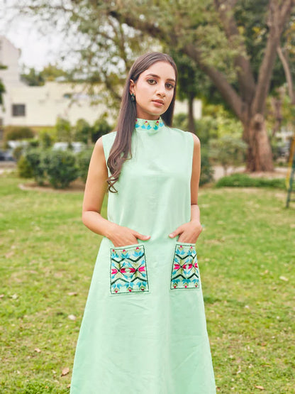 Pure Linen Hand Embroidered Phulkari Kurti - Pista Noor Green