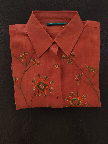 Pure Linen Hand Embroidered Phulkari Shirt - Cinnamon Orange